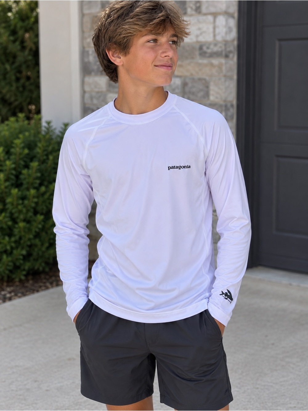Patagonia Boys Long-Sleeve Performance Shirt White UPF Hiking Fishing Outdoor XL